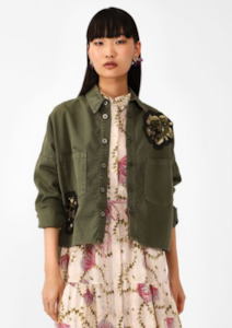 Pure Cotton Shirt with Rhinestone Detailed Flower - Militare