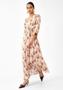 Long Floral Print Dress with Draping - Panna / Rosa