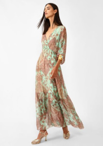 Long Abstract Print Dress with Wrap Front Neckline - Multicolour