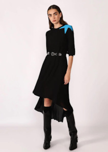 Belted Midi Dress with Asymmetrical Hem - Nero / Cyan