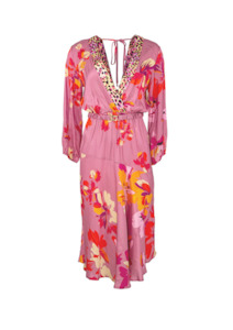 CLEARANCE Deep V Kaftan Dress with Floral Print - Pink / Orange