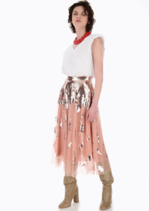 CLEARANCE Lightning Bolt Sequinned Sheer Midi Skirt - Nude