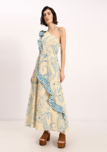 Long Paisley Print One Shoulder Dress with Ruffled Detailing - Azzuro