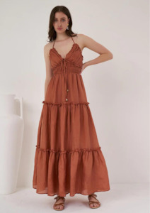 Primrose Silk Halter Neck Tiered Maxi Dress - Burnt Amber