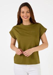 Cuff Sleeve Tee Shirt - Moss with Embroidered Logo