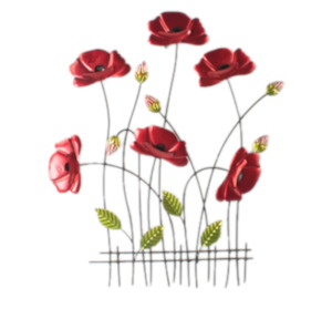 Poppies On Fence Metal Art Wall Hanging - Red