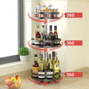 3 Tier Steel Round Rotating Portable Storage Organiser Shelf - Black