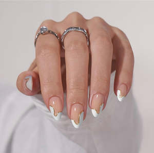 Press On Nails - Almond Nude and White Design