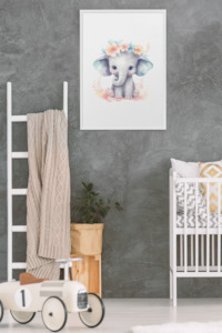 Wall Art Kids Room Decor - Watercolor Cute Elephant & Flowers - Digital Download