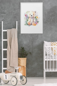 Wall Art Kids Room Decor - Watercolor Cute Polar Bear & Flowers - Digital Download