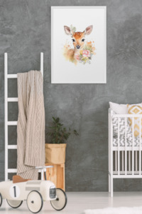 Wall Art Kids Room Decor - Watercolor Cute Bambi Deer & Flowers - Digital Download