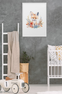 Wall Art Kids Room Decor - Watercolor Cute Fox & Flowers - Digital Download