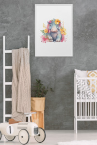 Wall Art Kids Room Decor - Watercolor Hippo & Flowers - Digital Download