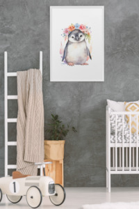 Wall Art Kids Room Decor - Watercolor Penguin & Flowers - Digital Download