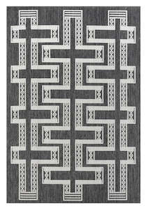 Floor covering: Teyona Charcoal and Ivory Tribal Flatweave Indoor Outdoor Rug