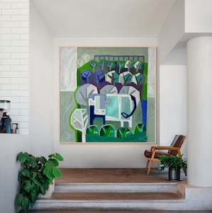 Furniture manufacturing: Cow in Orchard with Blue by Margo Carlon