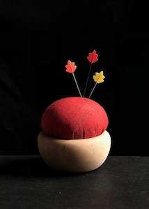 Dressmaking supply: Tulip Cherry Wood Pin Cushion - Vermilion Red. Akabeni.