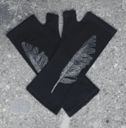 Accessories: Merino Wool Black Feather Print Fingerless Gloves - Kate Watts