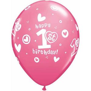 Pink 1st Birthday Circle Hearts Girl Balloons (11″)