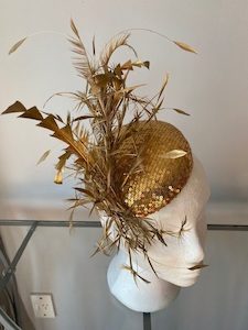 SOLD/ Gold Sequined Fascinator with Feather Trim – MJ Hatz