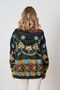 One of a Kind Hand Embroidered Hooded Silk Bomber Jacket