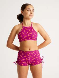 Teen Swimwear Performance Tie Back Crop Top Cheetah Chase Purple