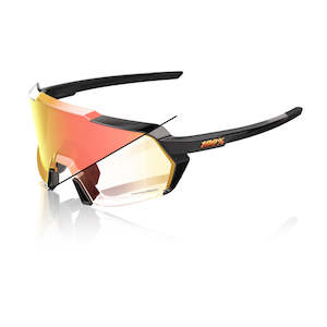 Bicycle and accessory: 100% Korbin Gloss Metallic Black Orange Flash Mirror Photochromic Glasses