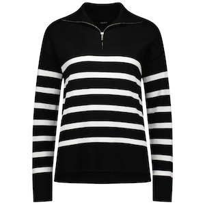 Mick Women's 1/4 Zip Up Knit Sweater - Black/Ecru Stripe