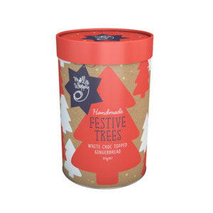 Biscuit manufacturing: Xmas Gingerbread Festive Trees White Choc Topped Cylinder 375g UNIT