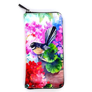 Gift: NZ Artwork Leather Wallet Fantail on Garden Pot