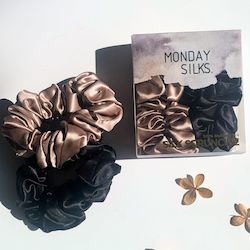 LUX Silk Scrunchies - Black, Caramel 2 Pack