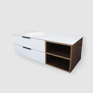 Simple 2 Drawer Stacked + Open Box Vanity with Corian Top and Bowl