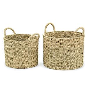 Seagrass Round Weka Plant Basket w/Ear Handles Set/2 33Diax25Hcm - Natural