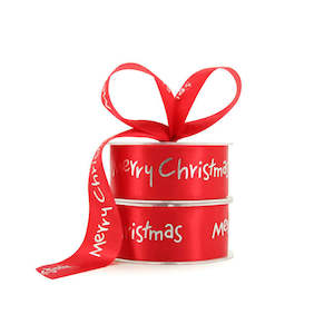 Satin Merry Xmas Ribbon Woven Edge 38mmx25m - Red/Silver