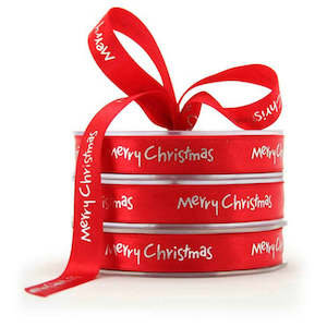 Satin Merry Xmas Ribbon Woven Edge 15mmx25m - Red/Silver