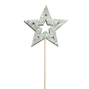 Nordic Wooden Glitter Cut Out Star Pick 9Wx9Hx24.5Lcm Pk/12 - Silver