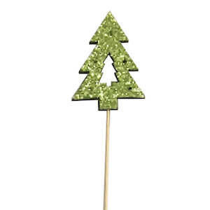 Nordic Wooden Glitter Cut Out Tree Pick 6.5Wx9Hx24.5Lcm Pk/12 - Green