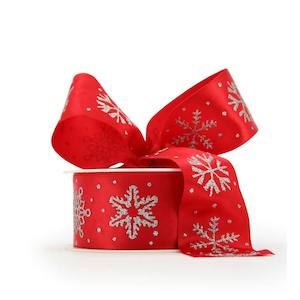 Satin Snowflake Ribbon 38mmx10m - Red/Silver