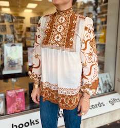 1970's Vintage Cream/Ginger Flower Power blouse