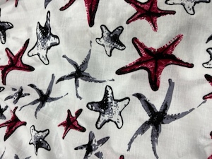 100% Patterned Dress Cotton – CT8 – Maroon and Grey Star Fish on Crisp White…