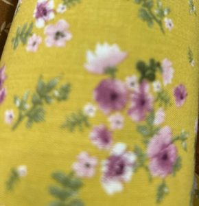 100% Rayon – R14 – Dark Mustard Yellow with Tiny Rose Pink flowers – 150cm…