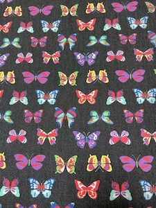 D45 Denim – Jet Black with Colourful Butterflies – 10% Spandex / 90% Cotton …