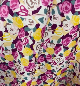 Products: 100% Cottons – Rose / Scissors Series – Cerise Pink and Yellow Roses (4)- 100% Cotton 1.15cm wide pm