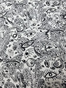 Products: LC19 – Linen Blend – Abstract Paisley and Eyes in Black on Crisp White – Amazing - – 55% Linen / 45% Cotton – 150cm wide – per mtr