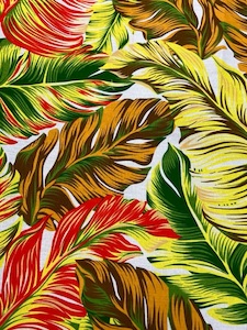 100% Dress Cotton – Tropical Leaves Yellows, Oranges, Green and Browns, – 10…