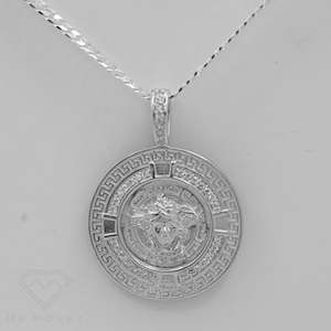 Greek Key Medusa Big Pendant White CZ Stones + Sterling Silver Chain