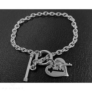 Sterling Silver T-Bar Heart Key Bracelet 7.5" 19.05cm