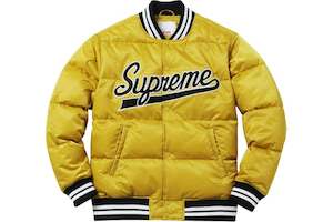 Clothing: Supreme Script Varsity Puffy Jacket Gold