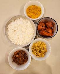 Rice and curry (Steamed white rice, three variety of curries and Choice of your meat