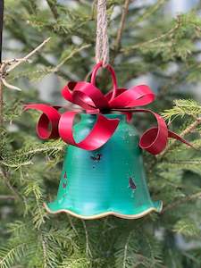 Green Metal Bell With Red Bow